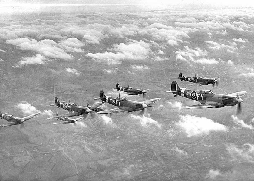 A wartime photo shows a squadron of Spitfires