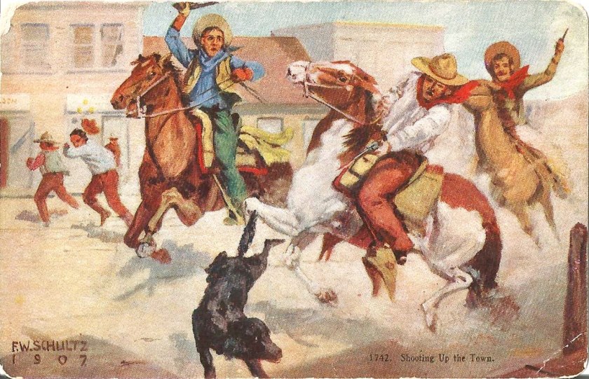 Postcard showing cowboys on the razzle.